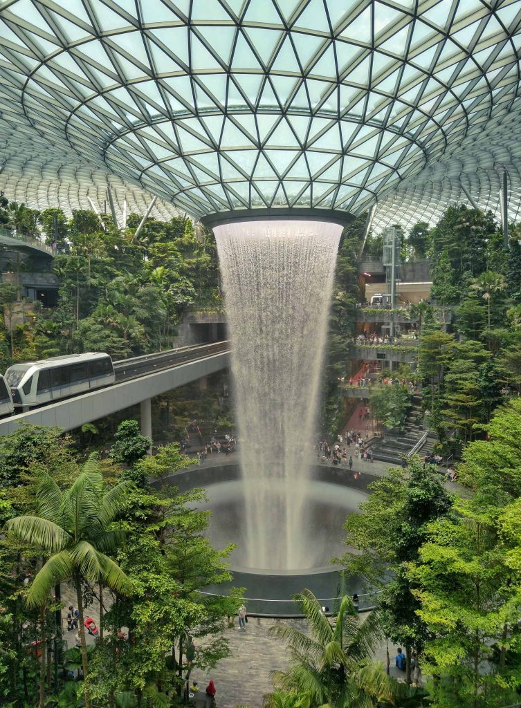 Skytrain and Jewel Waterfall at Changi Airport